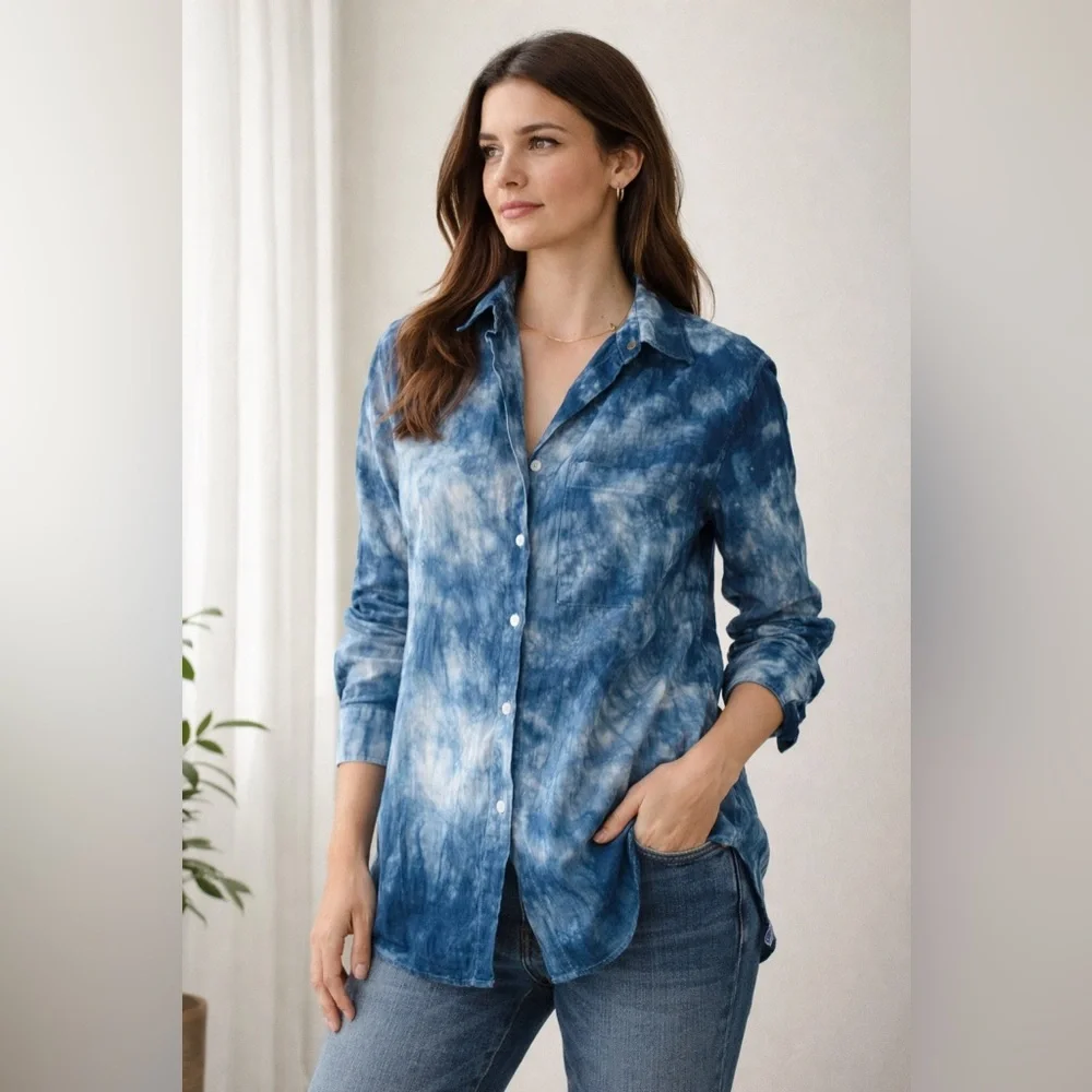 ARKET Indigo Tie-Dye Linen Button Down Blouse Relaxed Fit